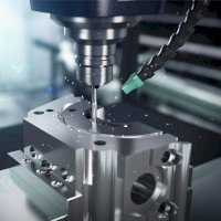 CNC frézování, hlava s válcovou frézou se pohybuje vůči obrobku. Vpravo přívod chladící kapaliny – microstock3D/Shutterstock