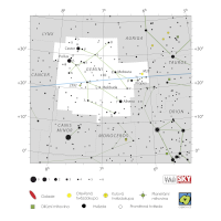 Blíženci, mapa souhvězdí – International Astronomical Union + Sky & Telescope (CC BY 3.0), česká legenda CoJeCo.cz (CC BY 4.0)